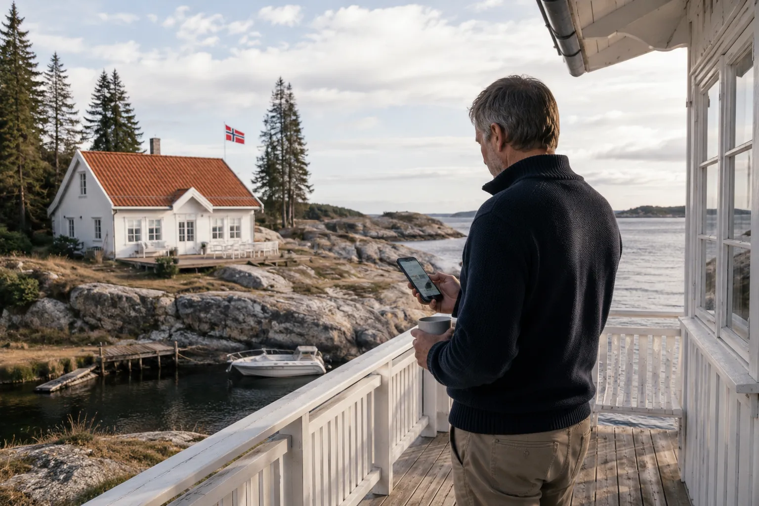Hytteeier ser på Servicely-appen foran en hvit kysthytte.