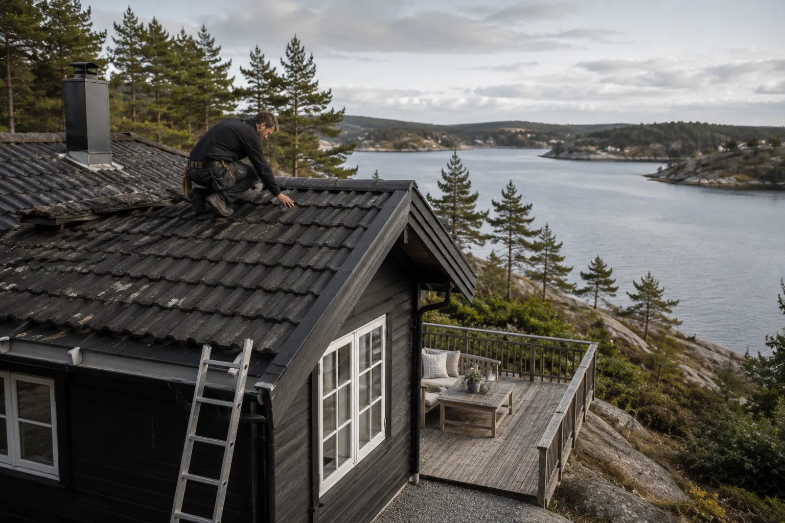 Kysthytte på svaberg ved sjøen på Vestfoldkysten i ettermiddagslys